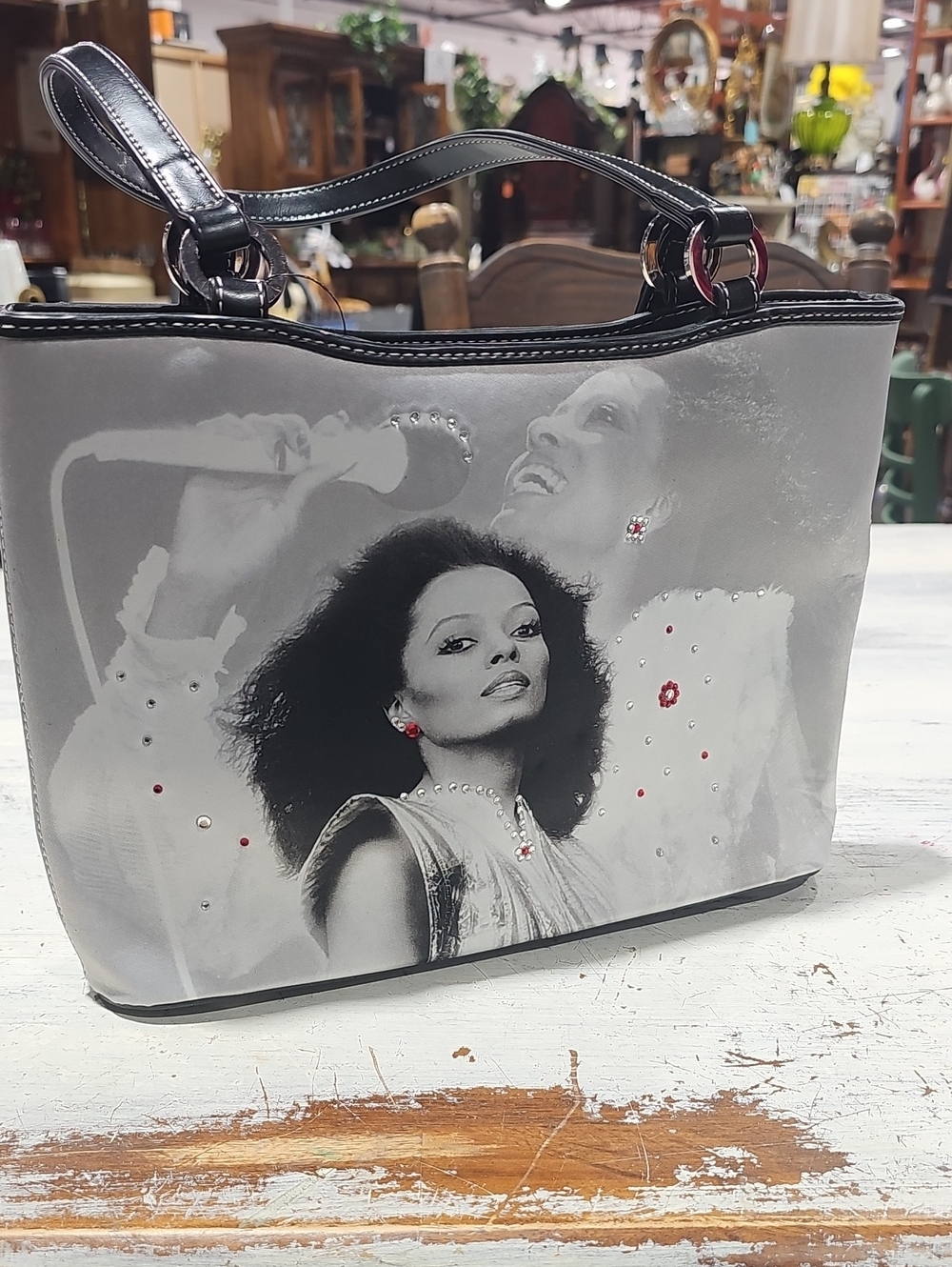Black & Gray Diana Ross Portrait Graphic Tote Bag with Embellished Accents